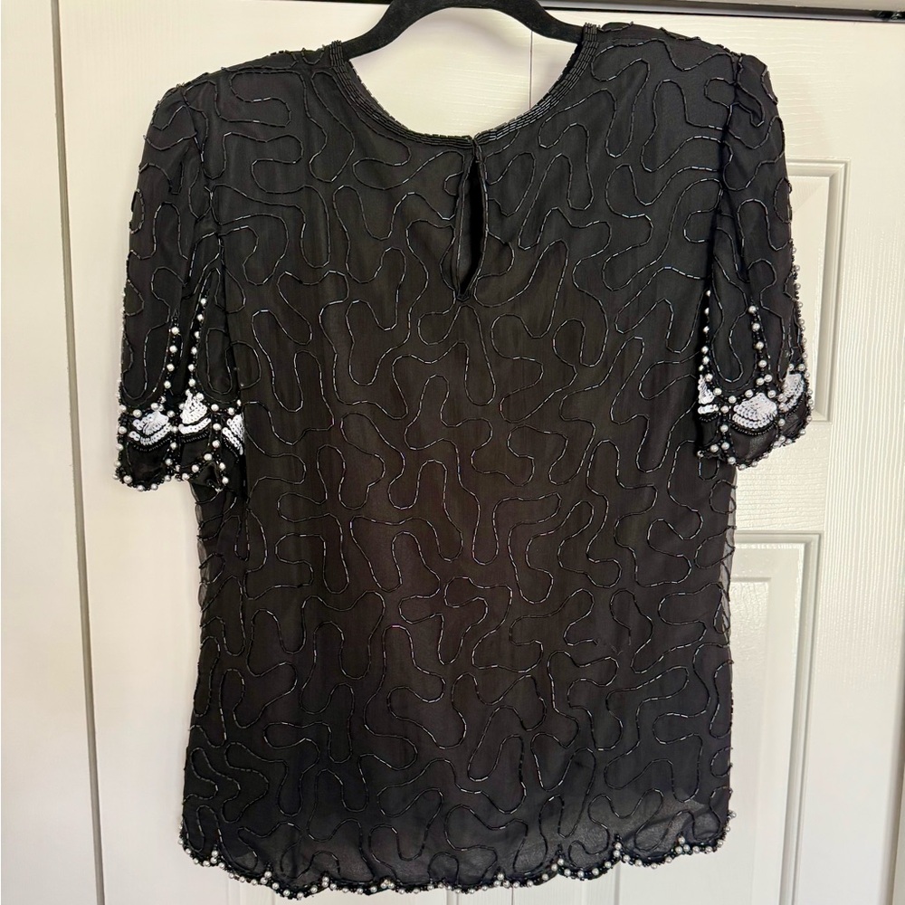 Vintage Laurence Kazar Black White Beaded Silk Top - Picture 3 of 8